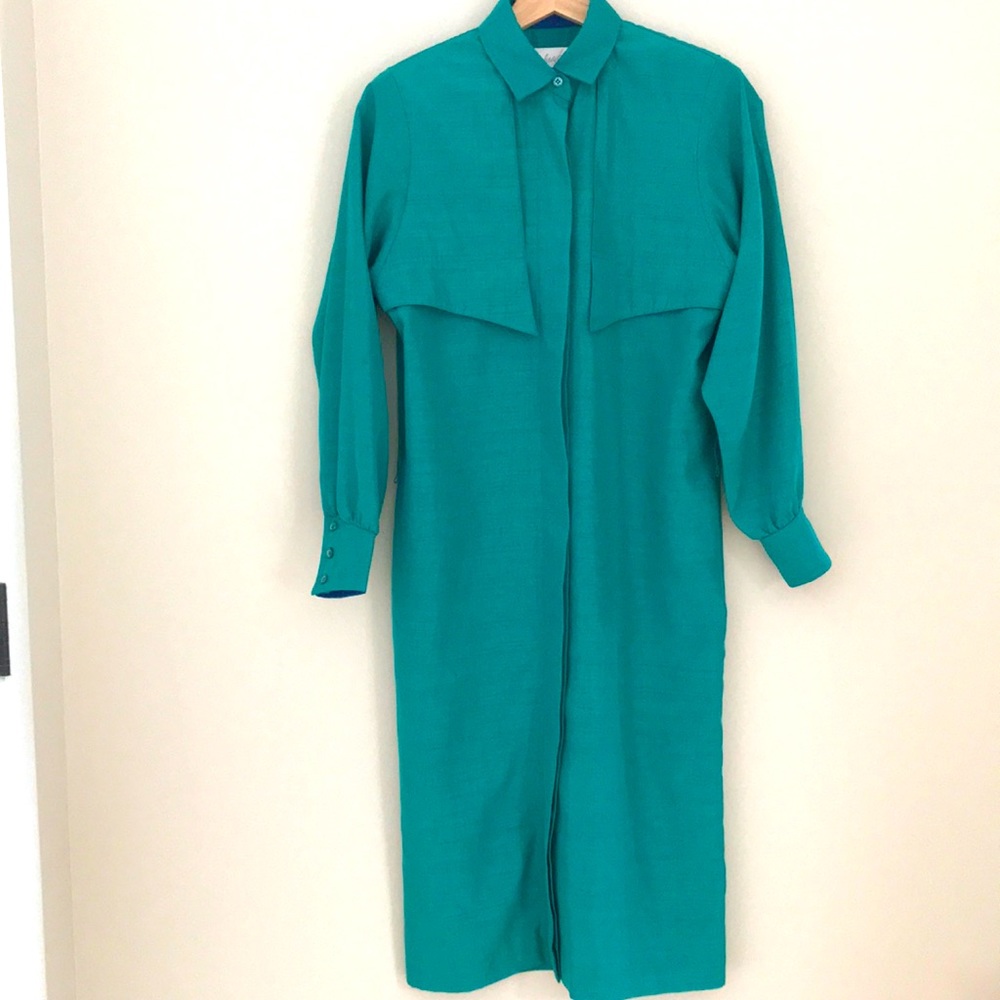 Silky teal jewel tone button-down shirt dress 80s